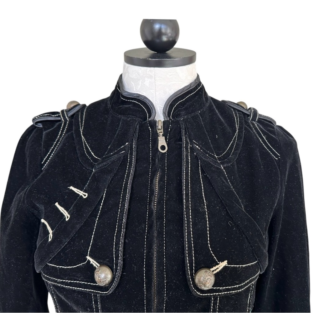 Aziz Black Velvet Military Style Jacket Zip Front Epaulets Bronze Buttons Small - Picture 5 of 14